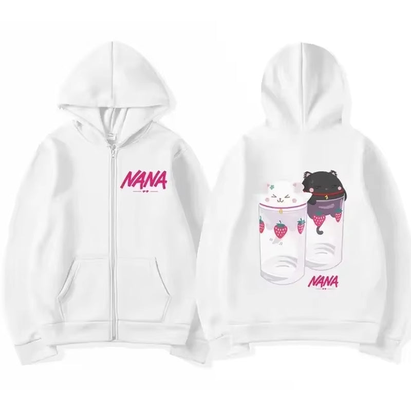 Nana Hachi - Strawberry Glasses Graphic Zip up Hoodies Unisex Harajuku Anime Clothes Zipper Sweatshirt Casual Fleece Pullovers