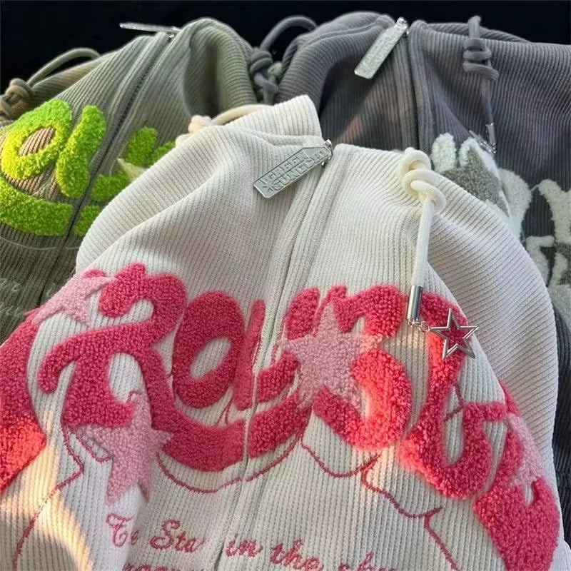 Fashion Embroidery Zip up Hoodies Women Autumn Long Sleeve Tops Loose Hood Shirt Harajuku Y2K Clothes Female Sweatshirt Jacket