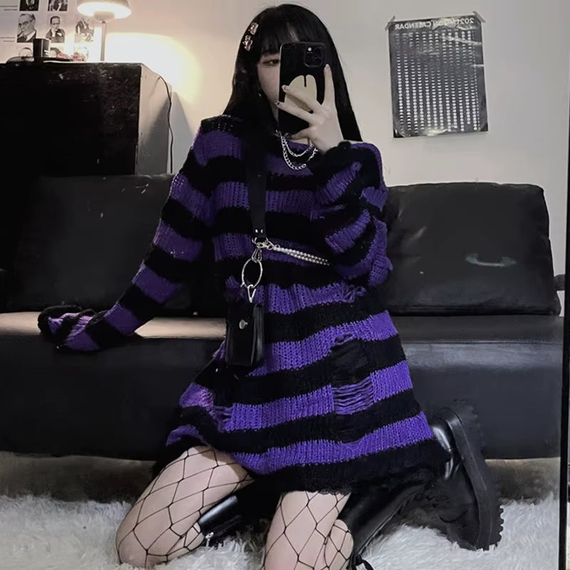 Goth Sweater Purple Striped Punk Style Lolita Pullover Japanese Harajuku Hollow Out Knitted Jumpers Alt Clothes E-Girls