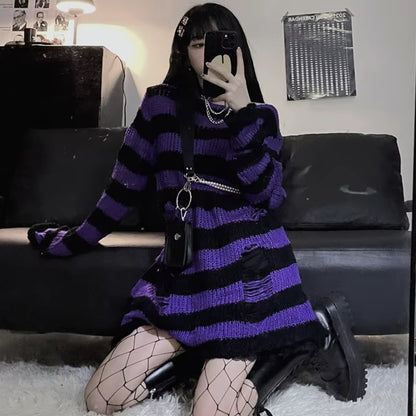Goth Sweater Purple Striped Punk Style Lolita Pullover Japanese Harajuku Hollow Out Knitted Jumpers Alt Clothes E-Girls
