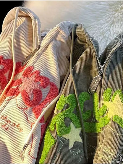 Fashion Embroidery Zip up Hoodies Women Autumn Long Sleeve Tops Loose Hood Shirt Harajuku Y2K Clothes Female Sweatshirt Jacket