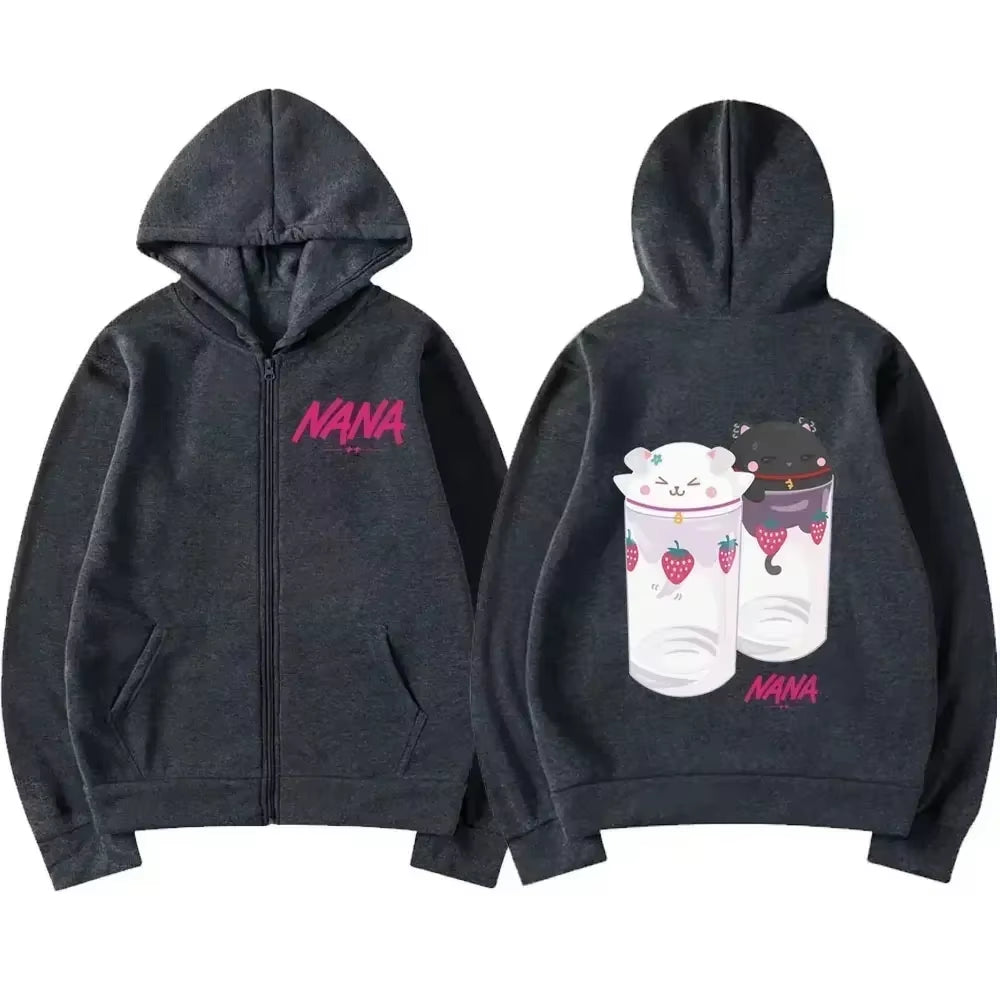 Nana Hachi - Strawberry Glasses Graphic Zip up Hoodies Unisex Harajuku Anime Clothes Zipper Sweatshirt Casual Fleece Pullovers