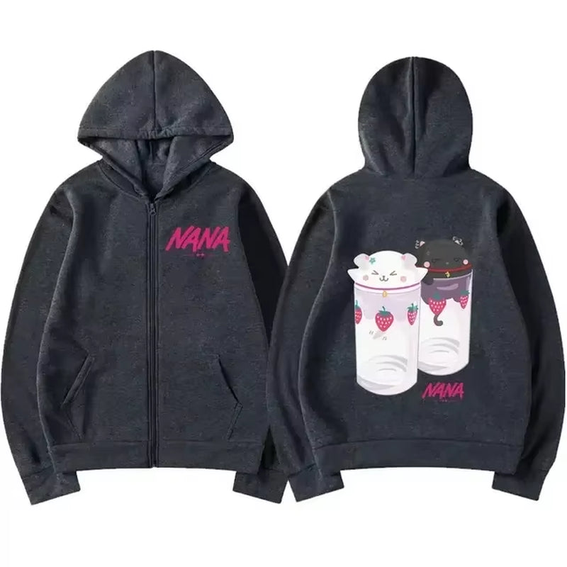 Nana Hachi - Strawberry Glasses Graphic Zip up Hoodies Unisex Harajuku Anime Clothes Zipper Sweatshirt Casual Fleece Pullovers