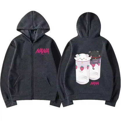 Nana Hachi - Strawberry Glasses Graphic Zip up Hoodies Unisex Harajuku Anime Clothes Zipper Sweatshirt Casual Fleece Pullovers