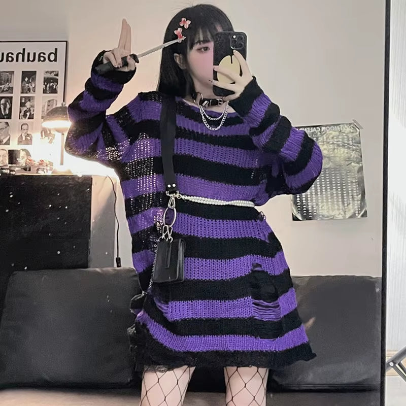 Goth Sweater Purple Striped Punk Style Lolita Pullover Japanese Harajuku Hollow Out Knitted Jumpers Alt Clothes E-Girls