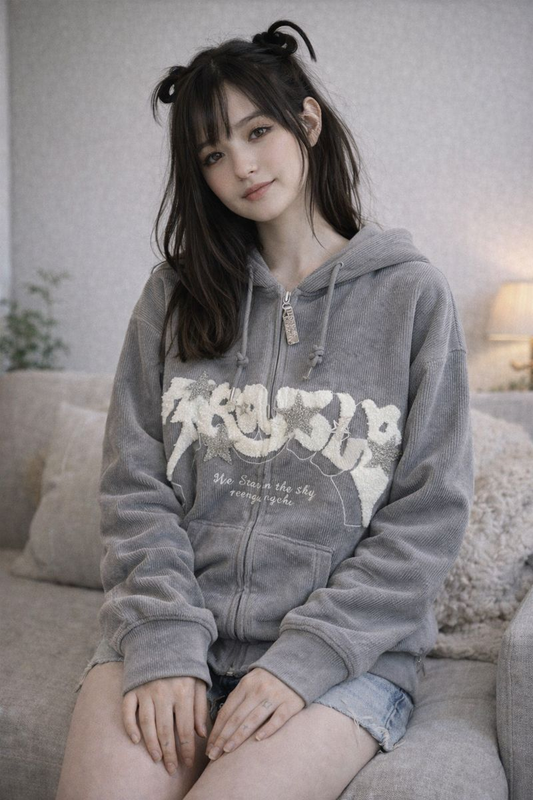 Trendy Embroidered Zip-Up Hoodie for Women - Autumn Long Sleeve Casual Loose Fit Harajuku Y2K Sweatshirt Jacket