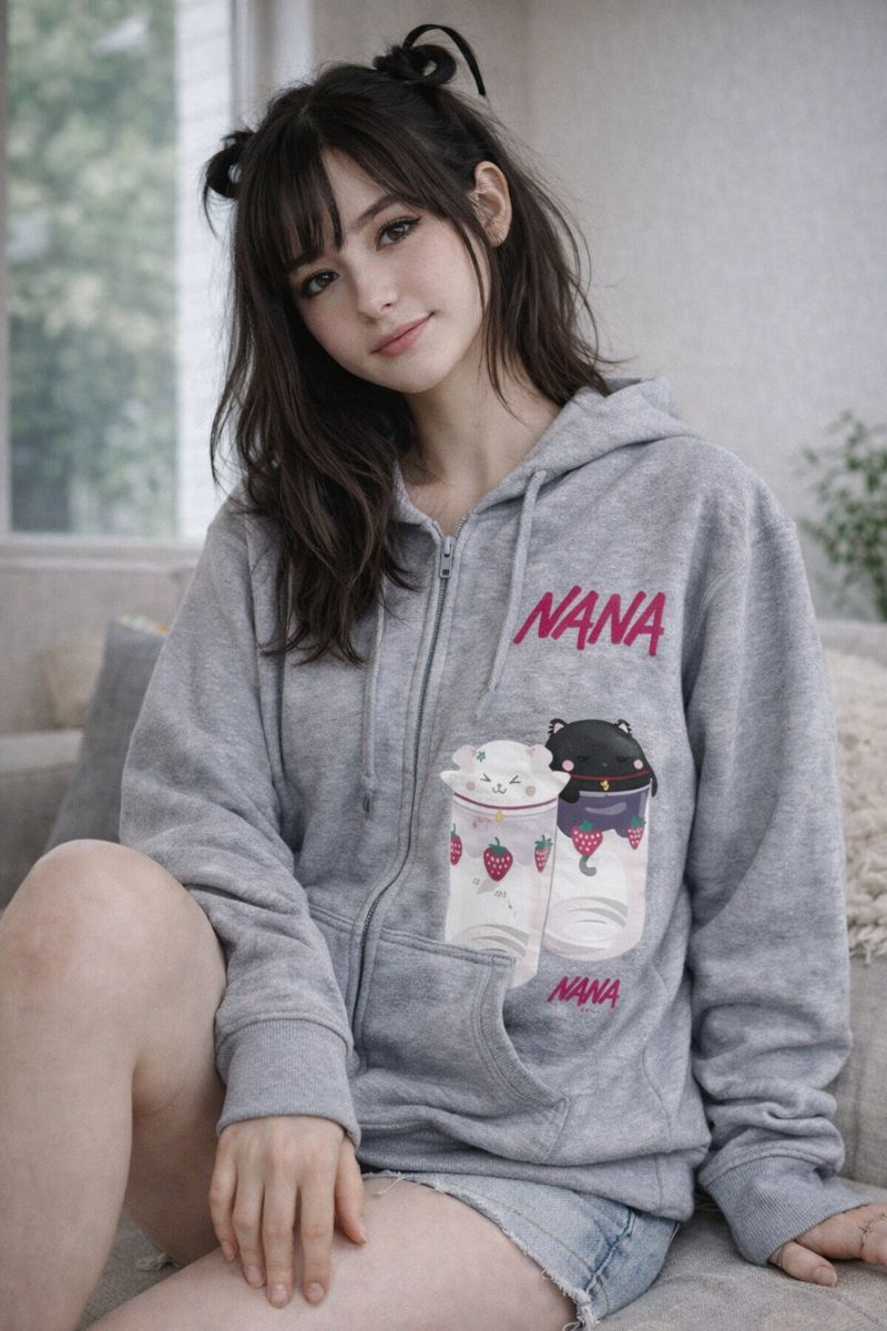 Nana Hachi Unisex Harajuku Anime Zip-Up Hoodie with Strawberry Glasses Graphic - Casual Fleece Pullover for Women