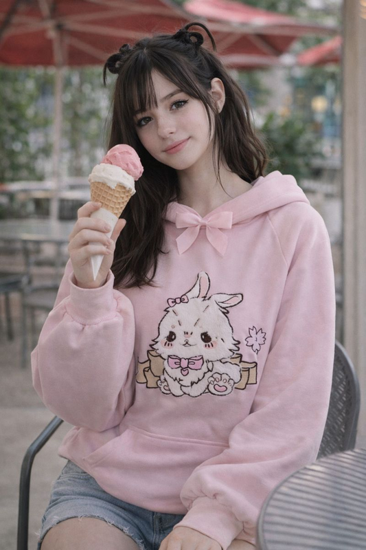 Charming Lace Neck Kawaii Pink Pullover Hoodie for Women - Adorable Cartoon Embroidery & Cozy Fleece for Autumn/Winter