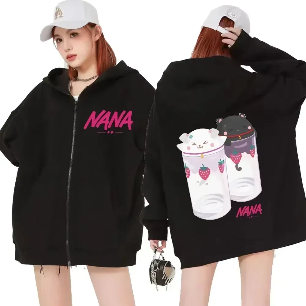 Nana Hachi - Strawberry Glasses Graphic Zip up Hoodies Unisex Harajuku Anime Clothes Zipper Sweatshirt Casual Fleece Pullovers