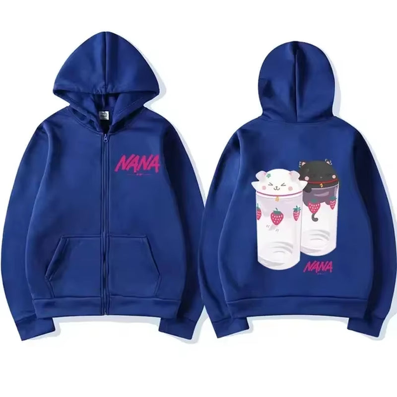 Nana Hachi - Strawberry Glasses Graphic Zip up Hoodies Unisex Harajuku Anime Clothes Zipper Sweatshirt Casual Fleece Pullovers