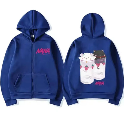 Nana Hachi - Strawberry Glasses Graphic Zip up Hoodies Unisex Harajuku Anime Clothes Zipper Sweatshirt Casual Fleece Pullovers