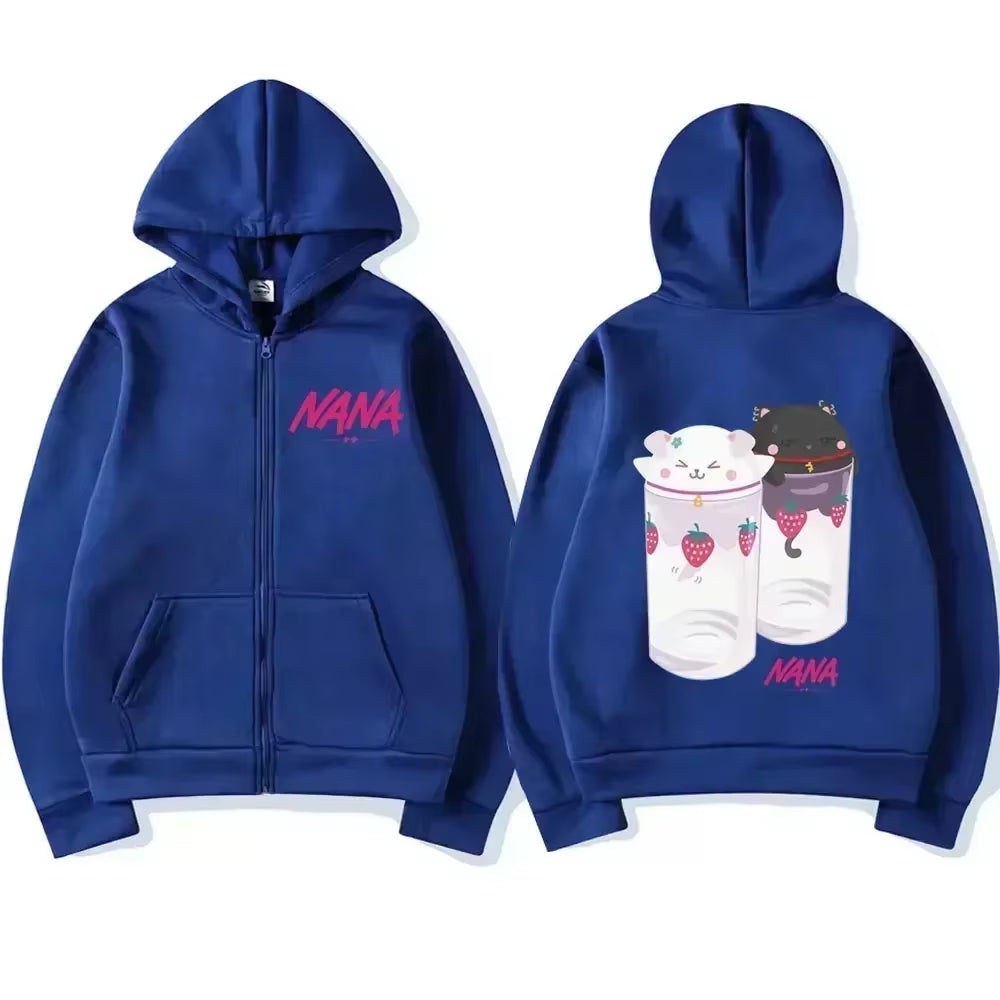 Nana Hachi - Strawberry Glasses Graphic Zip up Hoodies Unisex Harajuku Anime Clothes Zipper Sweatshirt Casual Fleece Pullovers