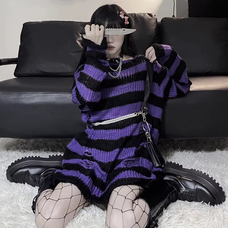 Goth Sweater Purple Striped Punk Style Lolita Pullover Japanese Harajuku Hollow Out Knitted Jumpers Alt Clothes E-Girls