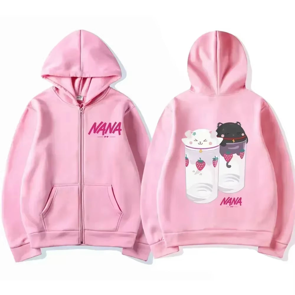 Nana Hachi - Strawberry Glasses Graphic Zip up Hoodies Unisex Harajuku Anime Clothes Zipper Sweatshirt Casual Fleece Pullovers