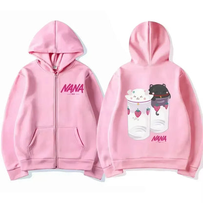 Nana Hachi - Strawberry Glasses Graphic Zip up Hoodies Unisex Harajuku Anime Clothes Zipper Sweatshirt Casual Fleece Pullovers