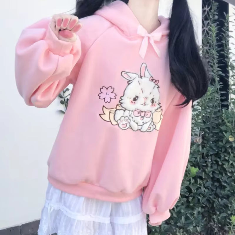 2025 Autumn Women Lace Neck Cute Hoodies Harajuku Kawaii Sweatshirt Lolita Girl Pink Pullover Lamb and Candy Embroidery Sudadera