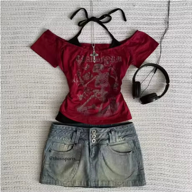 Millennium 2000S Y2K Crop Aesthetic Sweet and Sexy Vest Women'S Sleeveless Casual Anime Printed Vest Harajuku Red Full Outfit Em