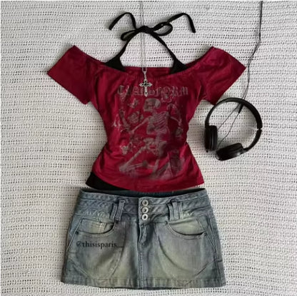 Millennium 2000S Y2K Crop Aesthetic Sweet and Sexy Vest Women'S Sleeveless Casual Anime Printed Vest Harajuku Red Full Outfit Em