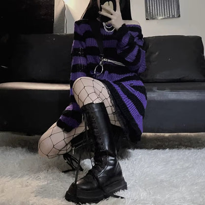 Goth Sweater Purple Striped Punk Style Lolita Pullover Japanese Harajuku Hollow Out Knitted Jumpers Alt Clothes E-Girls
