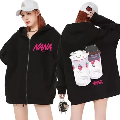 Nana Hachi - Strawberry Glasses Graphic Zip up Hoodies Unisex Harajuku Anime Clothes Zipper Sweatshirt Casual Fleece Pullovers