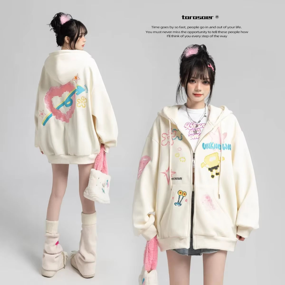 Fashion Zip up Hoodies Women Autumn Long Sleeve Cartoon Tops Loose Hood Shirt Harajuku Y2K Clothes Female Sweatshirt Jacket