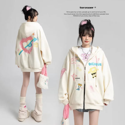 Fashion Zip up Hoodies Women Autumn Long Sleeve Cartoon Tops Loose Hood Shirt Harajuku Y2K Clothes Female Sweatshirt Jacket
