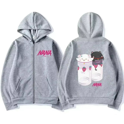 Nana Hachi - Strawberry Glasses Graphic Zip up Hoodies Unisex Harajuku Anime Clothes Zipper Sweatshirt Casual Fleece Pullovers