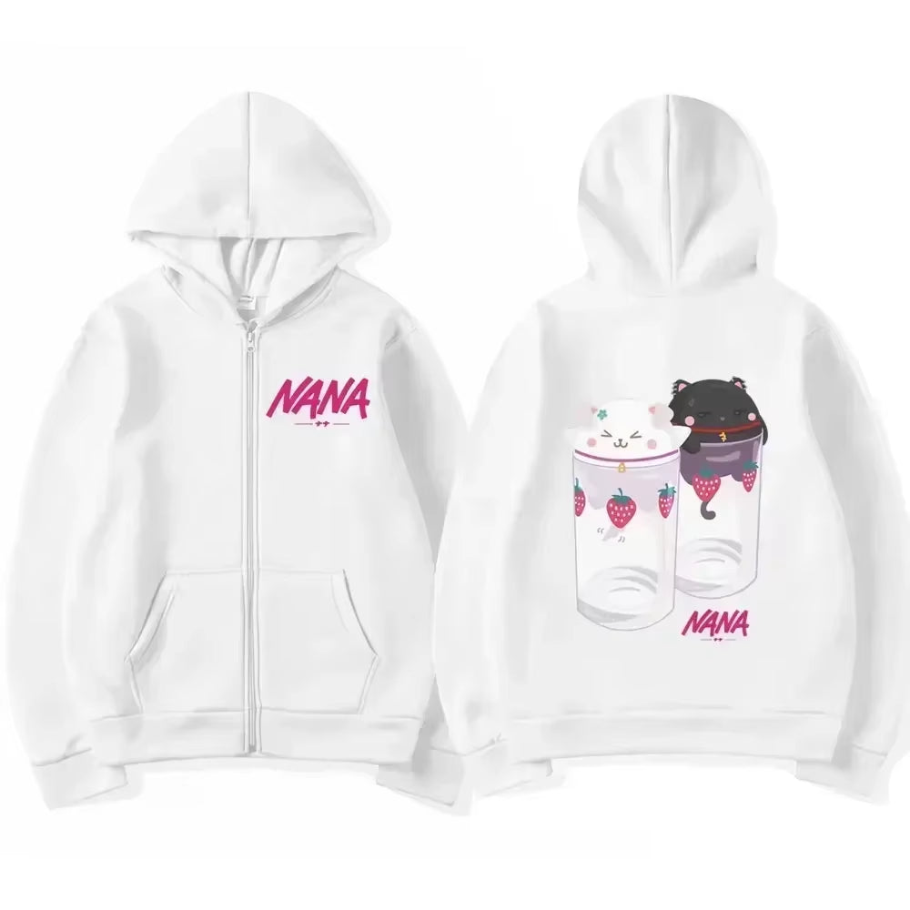 Nana Hachi - Strawberry Glasses Graphic Zip up Hoodies Unisex Harajuku Anime Clothes Zipper Sweatshirt Casual Fleece Pullovers