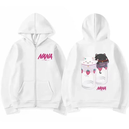Nana Hachi - Strawberry Glasses Graphic Zip up Hoodies Unisex Harajuku Anime Clothes Zipper Sweatshirt Casual Fleece Pullovers