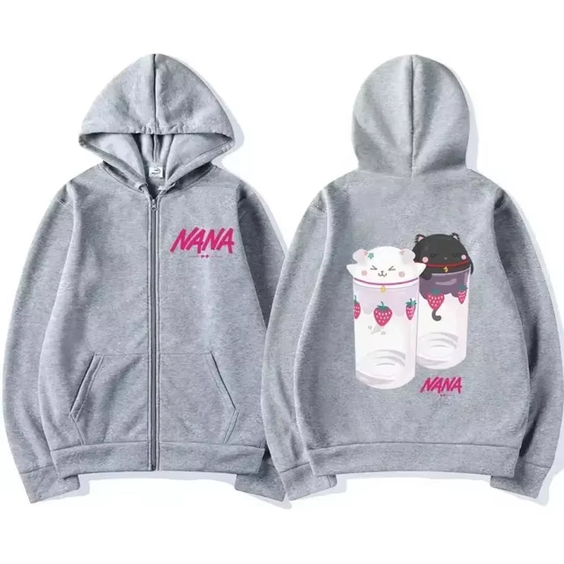 Nana Hachi - Strawberry Glasses Graphic Zip up Hoodies Unisex Harajuku Anime Clothes Zipper Sweatshirt Casual Fleece Pullovers