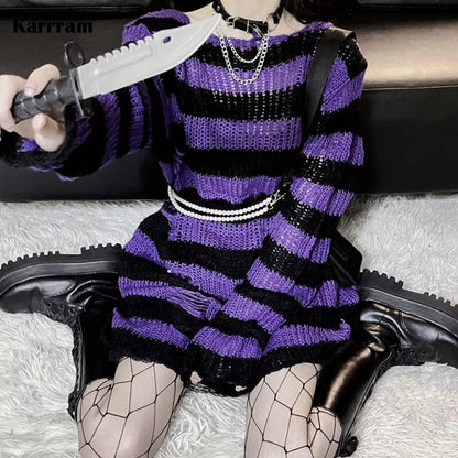 Goth Sweater Purple Striped Punk Style Lolita Pullover Japanese Harajuku Hollow Out Knitted Jumpers Alt Clothes E-Girls
