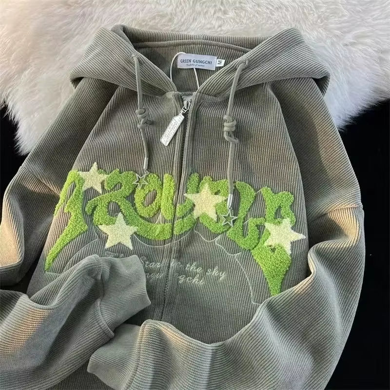 Fashion Embroidery Zip up Hoodies Women Autumn Long Sleeve Tops Loose Hood Shirt Harajuku Y2K Clothes Female Sweatshirt Jacket