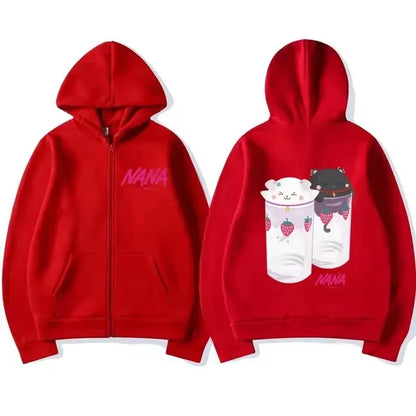 Nana Hachi - Strawberry Glasses Graphic Zip up Hoodies Unisex Harajuku Anime Clothes Zipper Sweatshirt Casual Fleece Pullovers