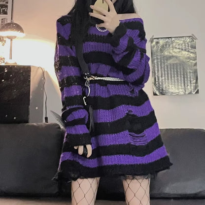 Goth Sweater Purple Striped Punk Style Lolita Pullover Japanese Harajuku Hollow Out Knitted Jumpers Alt Clothes E-Girls