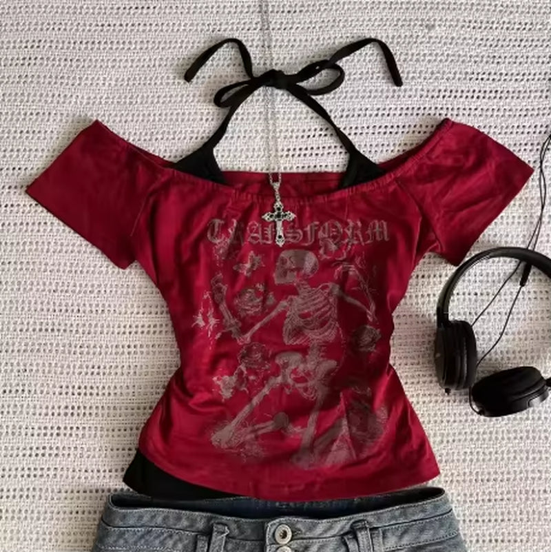 Millennium 2000S Y2K Crop Aesthetic Sweet and Sexy Vest Women'S Sleeveless Casual Anime Printed Vest Harajuku Red Full Outfit Em