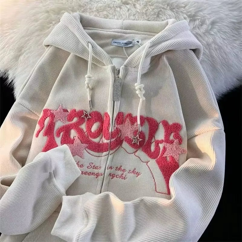 Fashion Embroidery Zip up Hoodies Women Autumn Long Sleeve Tops Loose Hood Shirt Harajuku Y2K Clothes Female Sweatshirt Jacket