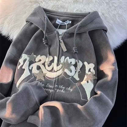Fashion Embroidery Zip up Hoodies Women Autumn Long Sleeve Tops Loose Hood Shirt Harajuku Y2K Clothes Female Sweatshirt Jacket