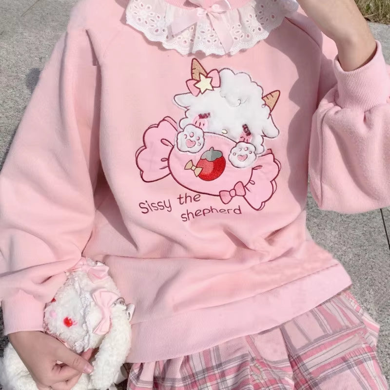 2025 Autumn Women Lace Neck Cute Hoodies Harajuku Kawaii Sweatshirt Lolita Girl Pink Pullover Lamb and Candy Embroidery Sudadera