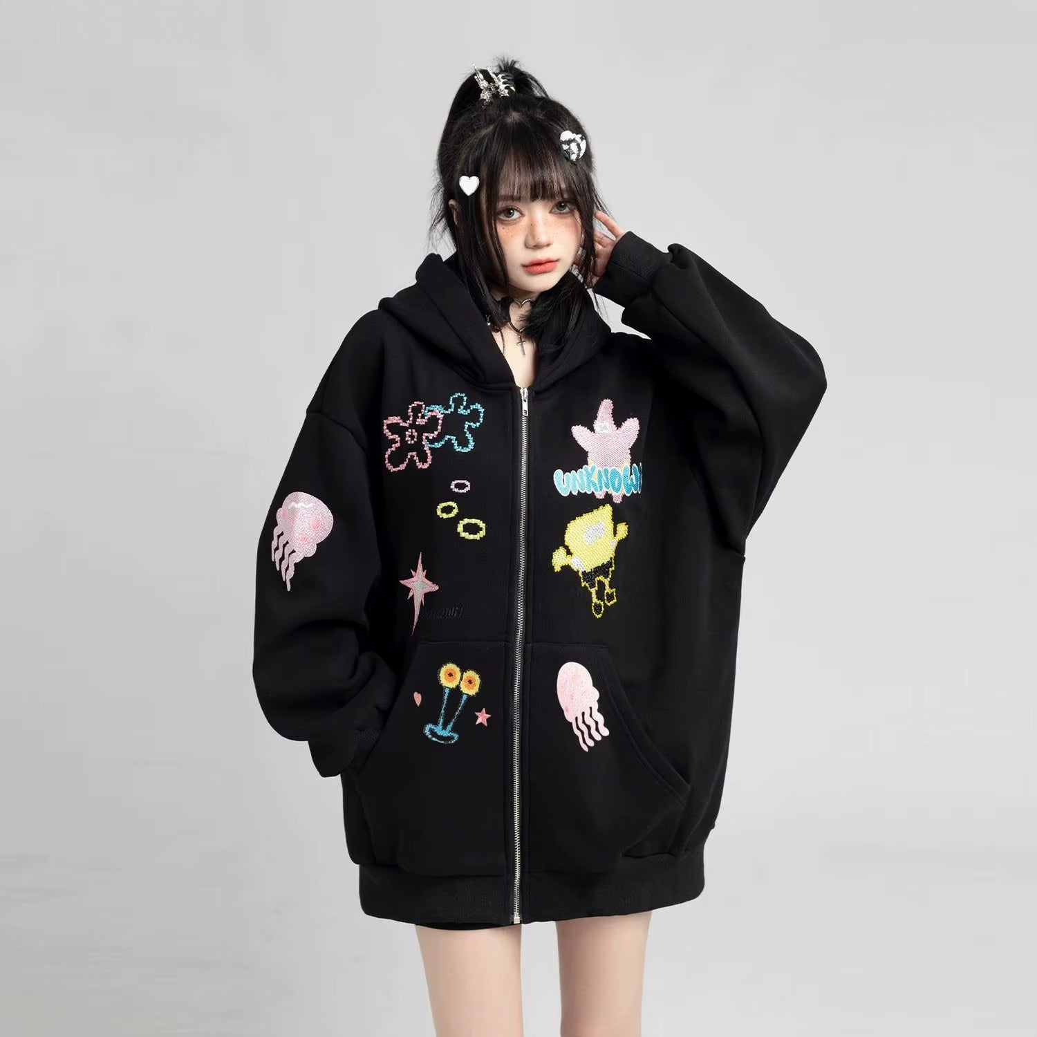 Fashion Zip up Hoodies Women Autumn Long Sleeve Cartoon Tops Loose Hood Shirt Harajuku Y2K Clothes Female Sweatshirt Jacket